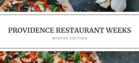 A picture of a pizza with a banner text- Providence Restaurant Weeks Winter Edition.