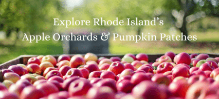 Bushels of red apples splayed out with the text Explore Rhode Island's Apple Orchards & Pumpkin Patches