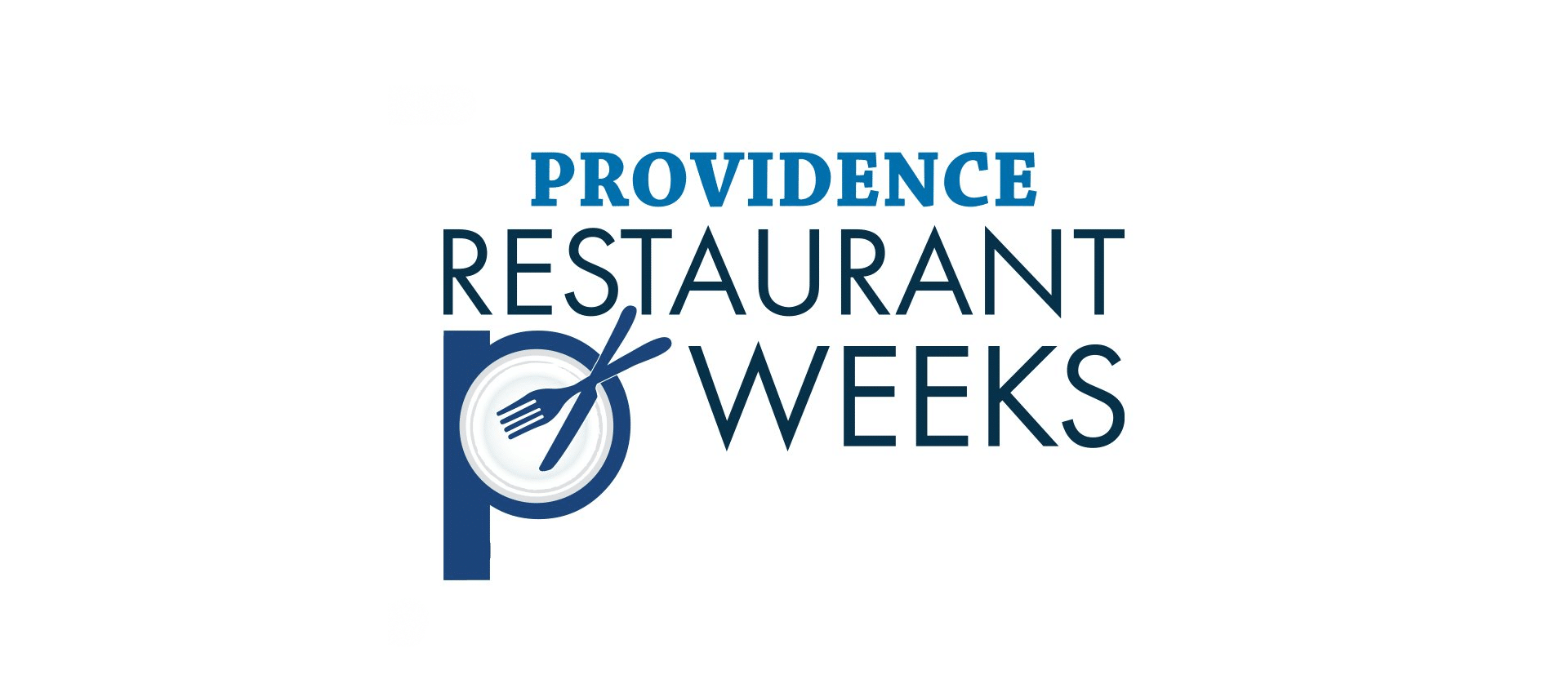Blue text- Providence Restaurant Weeks with plate, fork, and spoon.